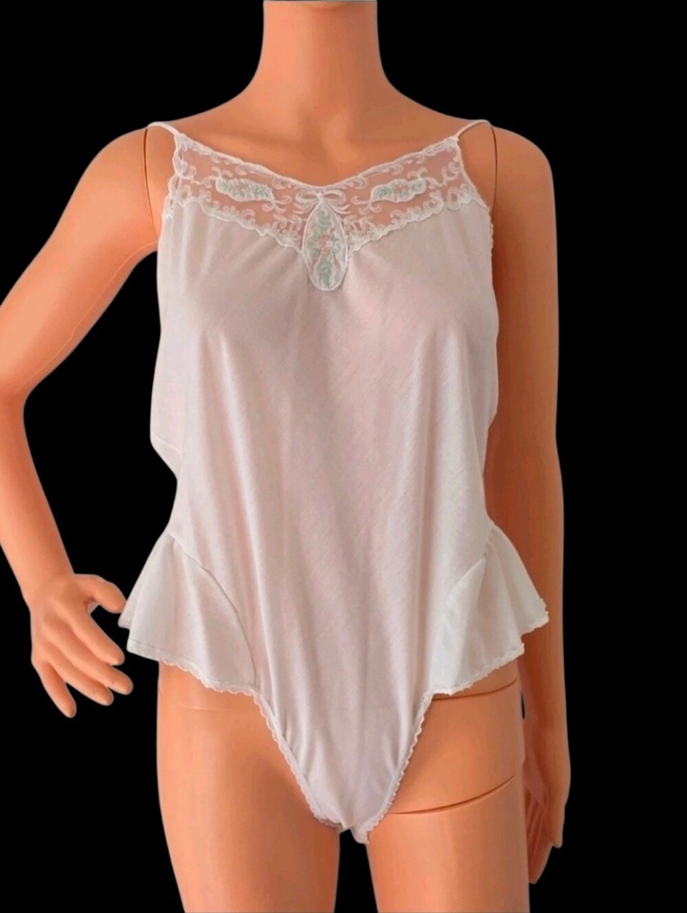 Vintage 1980s Indulgence White Lace Teddy Bodysuit Ruffle Hip Lingerie USA Sz M